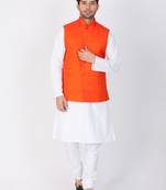 Men White Cotton Kurta Modi Jacket And Pyjama Set
