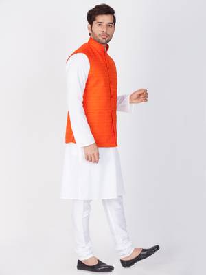 Men White Cotton Kurta Modi Jacket And Pyjama Set 2