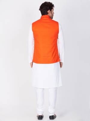 Men White Cotton Kurta Modi Jacket And Pyjama Set 3
