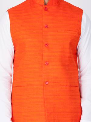 Men White Cotton Kurta Modi Jacket And Pyjama Set 4