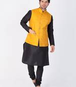 Men Black Cotton Silk Kurta Modi Jacket And Pyjama Set