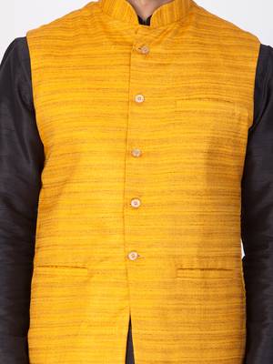 Men Black Cotton Silk Kurta Modi Jacket And Pyjama Set 2
