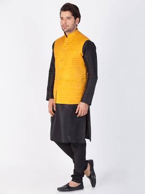 Men Black Cotton Silk Kurta Modi Jacket And Pyjama Set 3