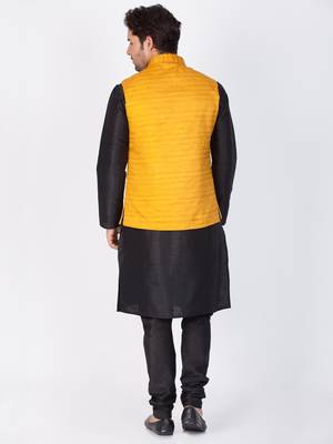 Men Black Cotton Silk Kurta Modi Jacket And Pyjama Set 4