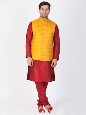 Men Maroon Cotton Silk Kurta Modi Jacket And Pyjama Set 1