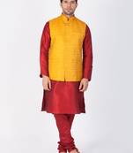 Men Maroon Cotton Silk Kurta Modi Jacket And Pyjama Set