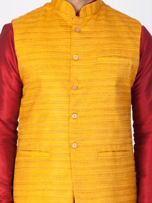 Men Maroon Cotton Silk Kurta Modi Jacket And Pyjama Set 2