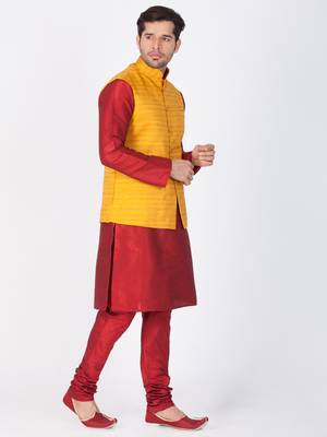 Men Maroon Cotton Silk Kurta Modi Jacket And Pyjama Set 3