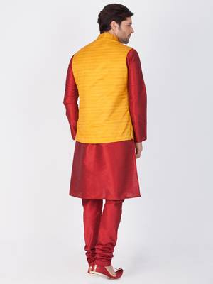 Men Maroon Cotton Silk Kurta Modi Jacket And Pyjama Set 4