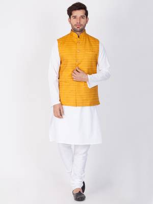Men White Cotton Kurta Modi Jacket And Pyjama Set 1
