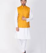 Men White Cotton Kurta Modi Jacket And Pyjama Set