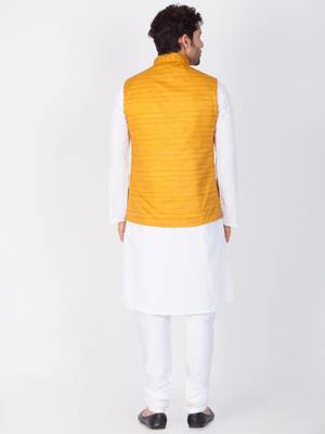 Men White Cotton Kurta Modi Jacket And Pyjama Set 2