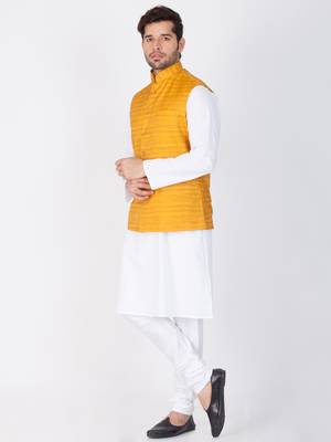 Men White Cotton Kurta Modi Jacket And Pyjama Set 3