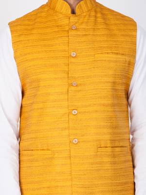 Men White Cotton Kurta Modi Jacket And Pyjama Set 4