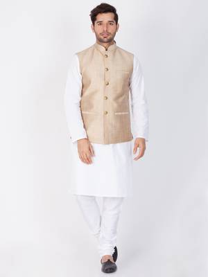 Men White Cotton Kurta Modi Jacket And Pyjama Set 1
