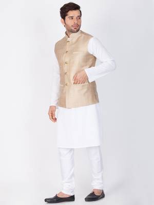 Men White Cotton Kurta Modi Jacket And Pyjama Set 3