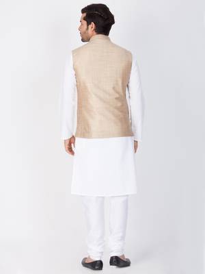 Men White Cotton Kurta Modi Jacket And Pyjama Set 4