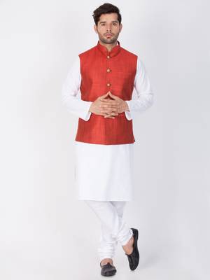 Men White Cotton Kurta Modi Jacket And Pyjama Set 1
