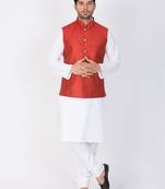 Men White Cotton Kurta Modi Jacket And Pyjama Set