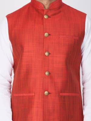 Men White Cotton Kurta Modi Jacket And Pyjama Set 2