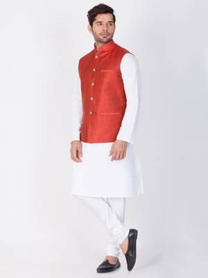 Men White Cotton Kurta Modi Jacket And Pyjama Set 3