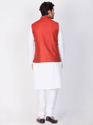 Men White Cotton Kurta Modi Jacket And Pyjama Set 4