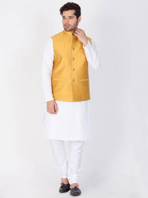 Men White Cotton Kurta Modi Jacket And Pyjama Set 1