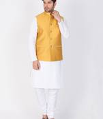 Men White Cotton Kurta Modi Jacket And Pyjama Set