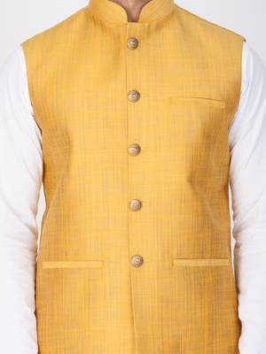 Men White Cotton Kurta Modi Jacket And Pyjama Set 2