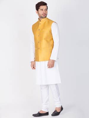 Men White Cotton Kurta Modi Jacket And Pyjama Set 3