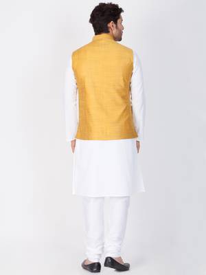 Men White Cotton Kurta Modi Jacket And Pyjama Set 4