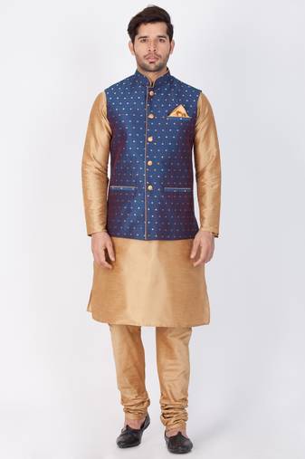 Men Gold Cotton Silk Kurta Modi Jacket And Pyjama Set