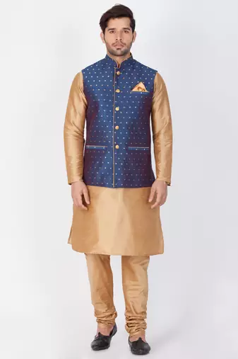 Men Gold Cotton Silk Kurta Modi Jacket And Pyjama Set