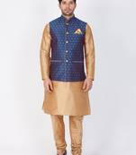 Men Gold Cotton Silk Kurta Modi Jacket And Pyjama Set