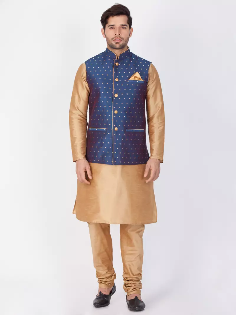 Men Gold Cotton Silk Kurta Modi Jacket And Pyjama Set