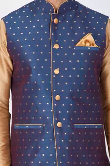 Men Gold Cotton Silk Kurta Modi Jacket And Pyjama Set