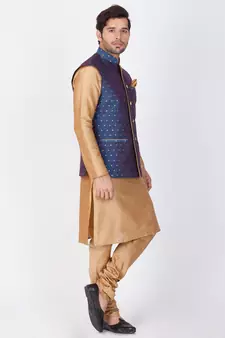 Men Gold Cotton Silk Kurta Modi Jacket And Pyjama Set