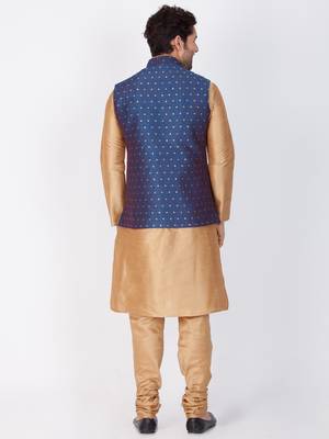 Men Gold Cotton Silk Kurta Modi Jacket And Pyjama Set 4