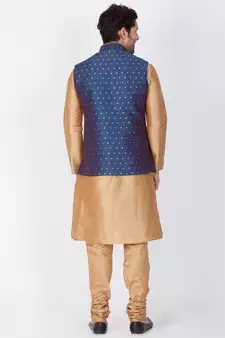 Men Gold Cotton Silk Kurta Modi Jacket And Pyjama Set