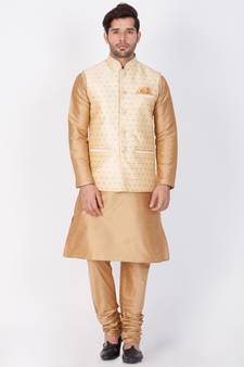 Men Gold Cotton Silk Kurta Modi Jacket And Pyjama Set