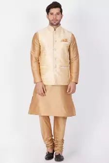 Men Gold Cotton Silk Kurta Modi Jacket And Pyjama Set