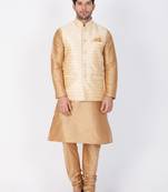 Men Gold Cotton Silk Kurta Modi Jacket And Pyjama Set