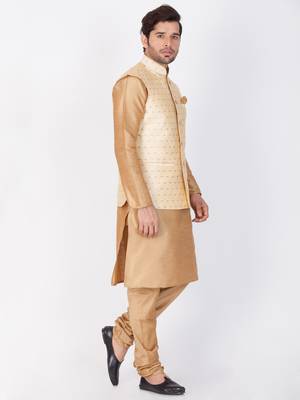 Men Gold Cotton Silk Kurta Modi Jacket And Pyjama Set 2