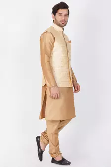 Men Gold Cotton Silk Kurta Modi Jacket And Pyjama Set