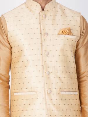 Men Gold Cotton Silk Kurta Modi Jacket And Pyjama Set 3