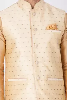 Men Gold Cotton Silk Kurta Modi Jacket And Pyjama Set