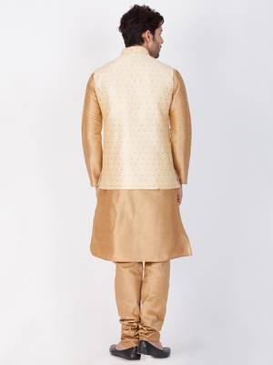 Men Gold Cotton Silk Kurta Modi Jacket And Pyjama Set 4