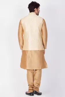 Men Gold Cotton Silk Kurta Modi Jacket And Pyjama Set