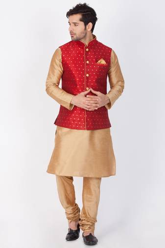 Men Gold Cotton Silk Kurta Modi Jacket And Pyjama Set