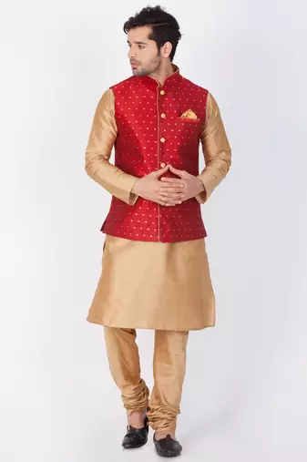 Men Gold Cotton Silk Kurta Modi Jacket And Pyjama Set
